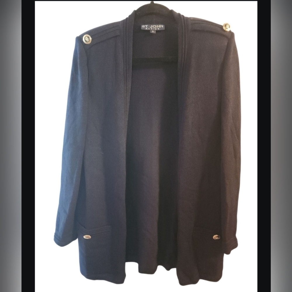 St. John Basics Cardigan Sweater Jacket Santana Knit Navy Blue Gold Accents Med